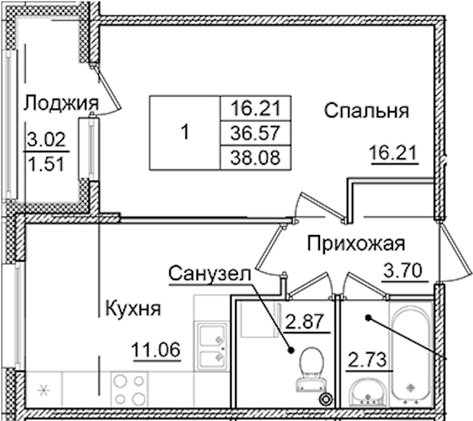 1-комнатная квартира 38.08 м², 2/9 эт., ЖК «Квартал Заречье»